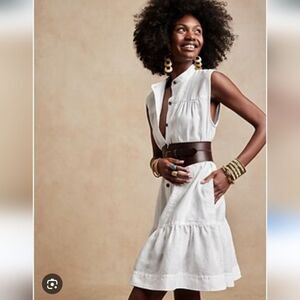 Banana Republic White 💯 Linen Flounce Dress Size L